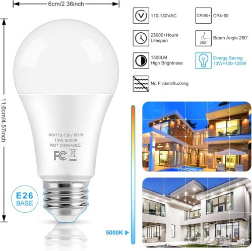 LED Light Bulbs, 100 Watt Equivalent A19, 13W 5000K Daylight White 1500 Lumens.. - Picture 2 of 12