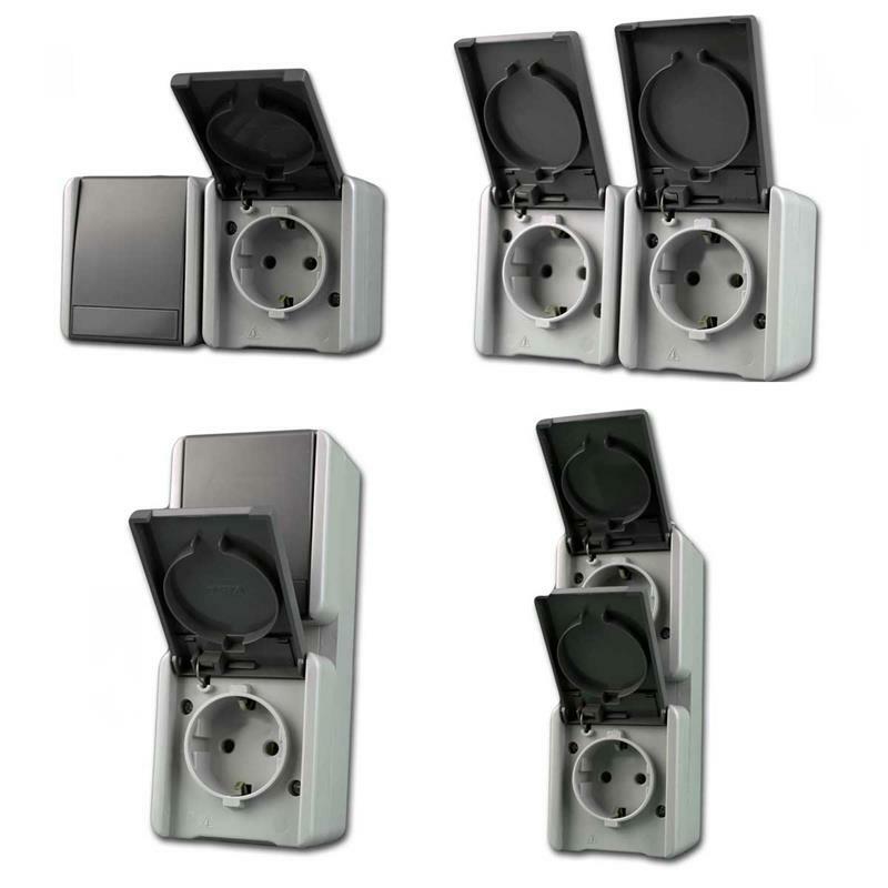 Fontana Feuchtraum-Set Waschraum | 4-teilig Grau | Steckdosen & Kombi-Dose | IP44 | Für Keller, Bad, Außenbereich