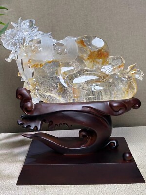 2.3KG natural Yellow gum flower Married couple skull quartz crystal carved+stand