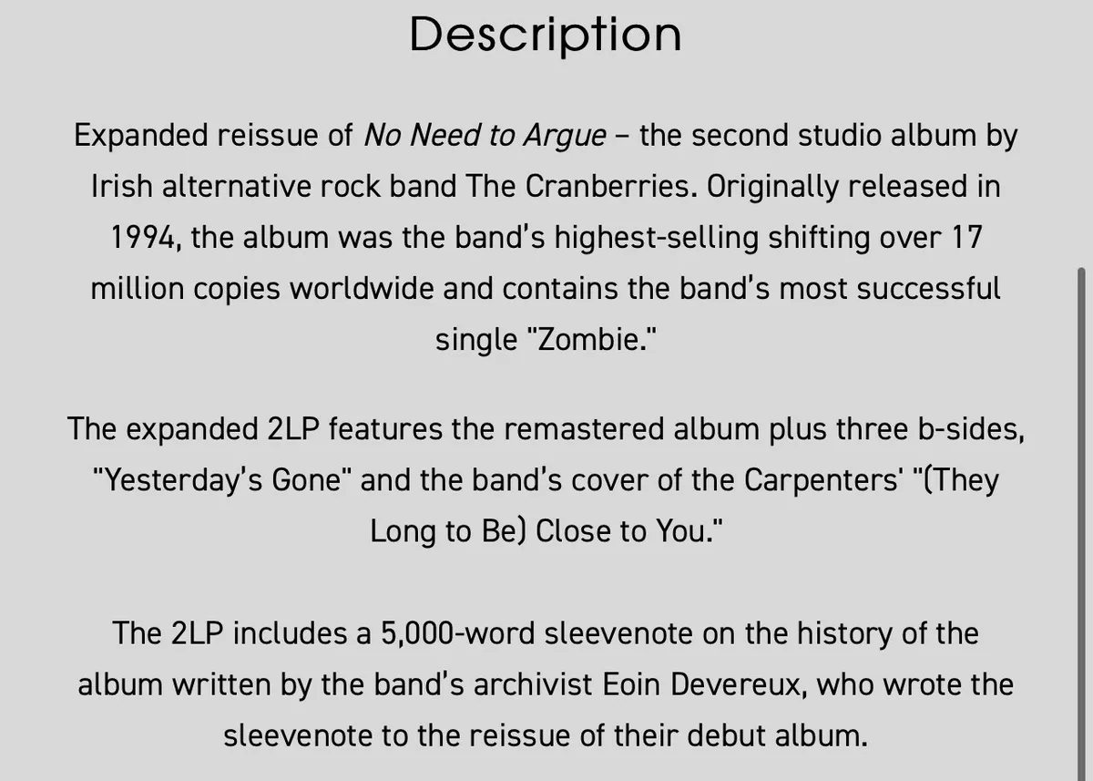 The Cranberries 'No Need to Argue' Expanded-Deluxe Gatefold 2xLP