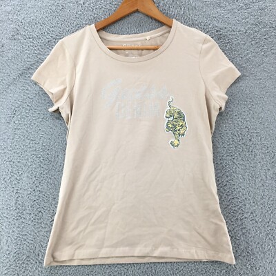 Guess Denim Leona Tee T-Shirt Womens XL Beige Tiger Short Sleeve Crew Neck NWT