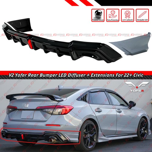 FOR 22-26 HONDA CIVIC SEDAN YOFER V2 SONIC GRAY LED REAR DIFFUSER+ CORNER SPATS - Zdjęcie 1 z 9