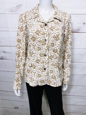 Christopher & Banks Womens Corduroy Jacket Size L Stretch White & Brown Floral