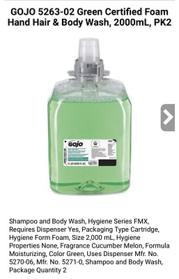 Gojo 5263-02 Green Certified Foam Hand Hair & Body Wash, 2000Ml