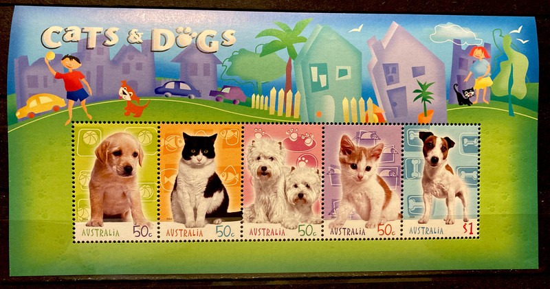Australia,dogs,cats, S.C.#2300b, MNH, souvenir sheet of 5  issued in  2004