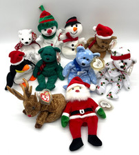 Lot of 10 TY Beanie Babies Christmas Winter Theme Holiday Bear Reindeer Santa