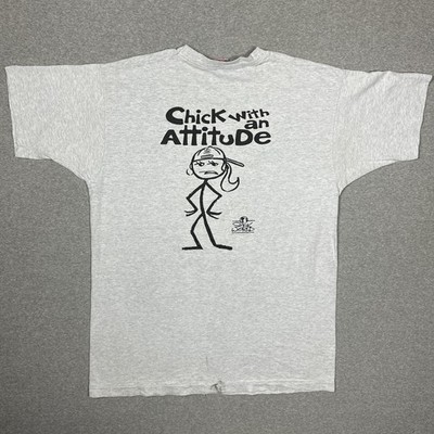 Vintage Stick World T Shirt Size Extra Large Chick With Attitude Girl 90s Gray