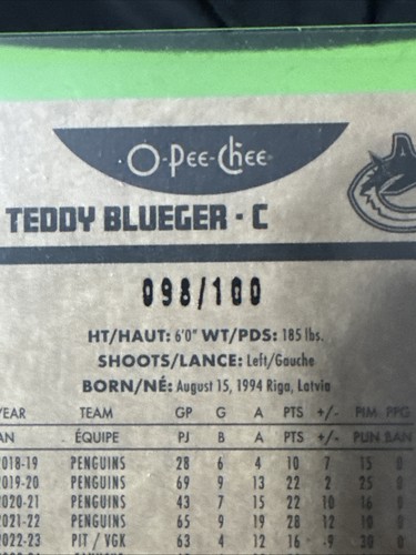 2024 O Pee Chee Teddy Blueger SP Black Border Card /100 - Picture 3 of 3