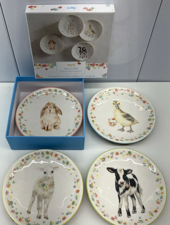Pier 1 Spring Appetizer Plates Set of 4 Animals Duck Cow Lamb Bunny 6" Diameter - Image 2 of 4