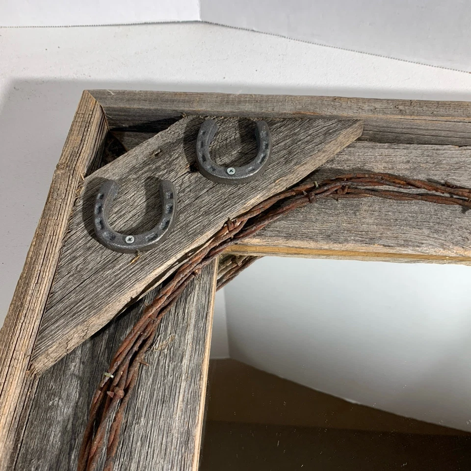 Western Farmhouse Rustic Wood Wall Hanging Accent Mirror Coat Hat Hanger Decor - Image 4 of 4