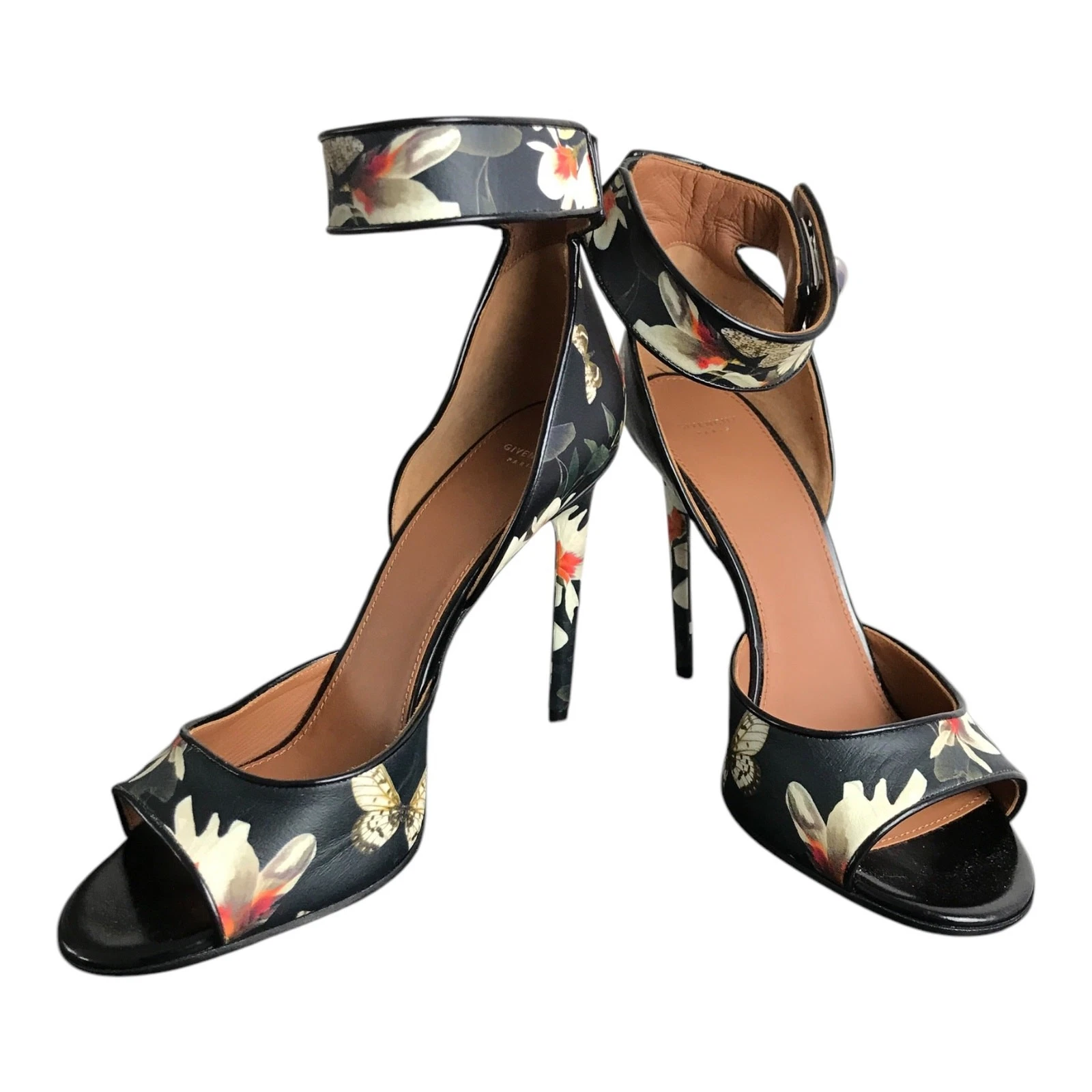 Sandali alla caviglia Givenchy Magnolia Moth neri stampa floreale donna US10 40 NUOVI