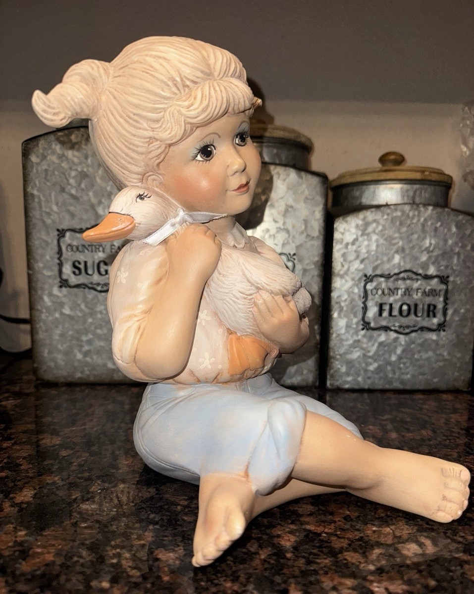 Vintage 1980s Ceramic Girl Holding Duck Signed Statues Yard