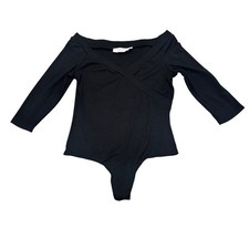 ASTR The Label Black Ribbed Wrap Front Long Sleeve off the shoulder Bodysuit XL