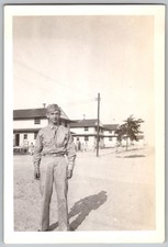 Vtg B W Snapshot Soldier In Uniform Army Base 1940s