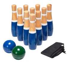 8 Inch Wooden Lawn Bowling Set with Mesh Bag 10 Pins Backyard Family Game