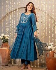 Women Blue Plus Size Indian Embroidered Anarkali Kurta Top Trouser With Dupata