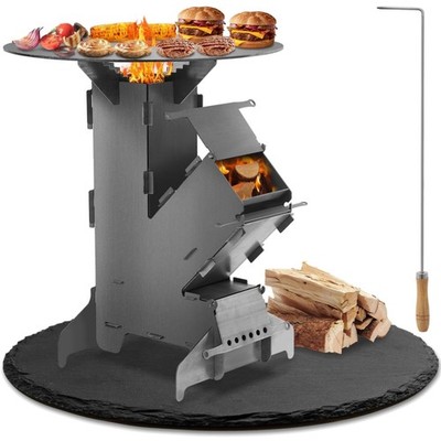 Raketenofen, Grillplatte, Feuerhaken, Stahl, Camping, Outdoorkoch, Kanonenofen