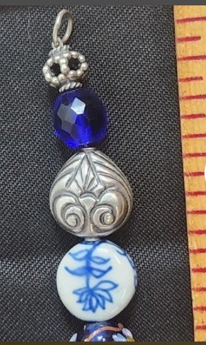 925 Sterling SIlver Glass Bead Bracelet 8” Blue floral Silver #383 - Picture 4 of 7