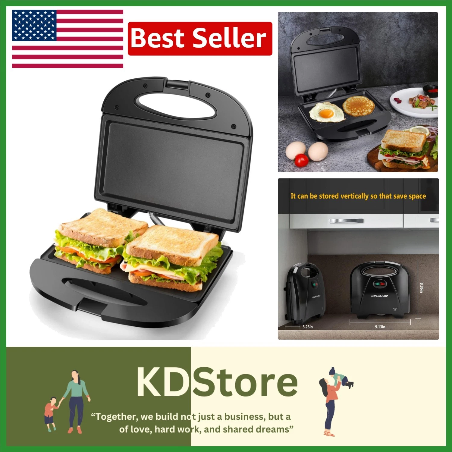 Compact Non-Stick Sandwich Maker with Cool Touch Handle - 750 Watts Black