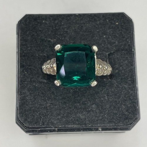 Vintage 925 Sterling Silver Dark Green Stone Design Ring 4.4 Grams Sz 9 - Picture 1 of 3