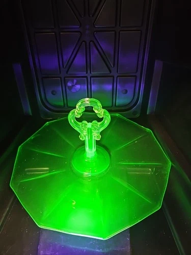 10” Uranium Green Decagon Tidbit Handled Serving Tray Plate Glass Depression Era