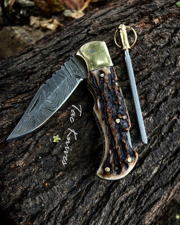 Дамасская сталь рога ручки складной нож - Изображение 2 из 4