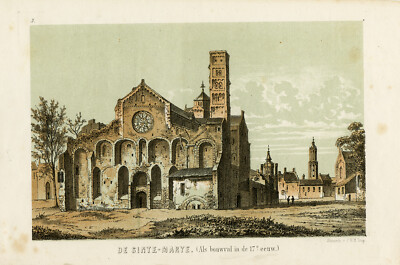 Antiker Druck-ARCHITEKTUR-GESCHICHTE-MARIENKIRCHE-UTRECHT-Falle-ca. 1858
