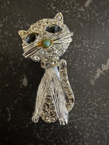Vintage silberfarbene Retro Katze Brosche Anstecknadel Strass grüne Nase ca. 2,5 cm - Bild 3 von 10