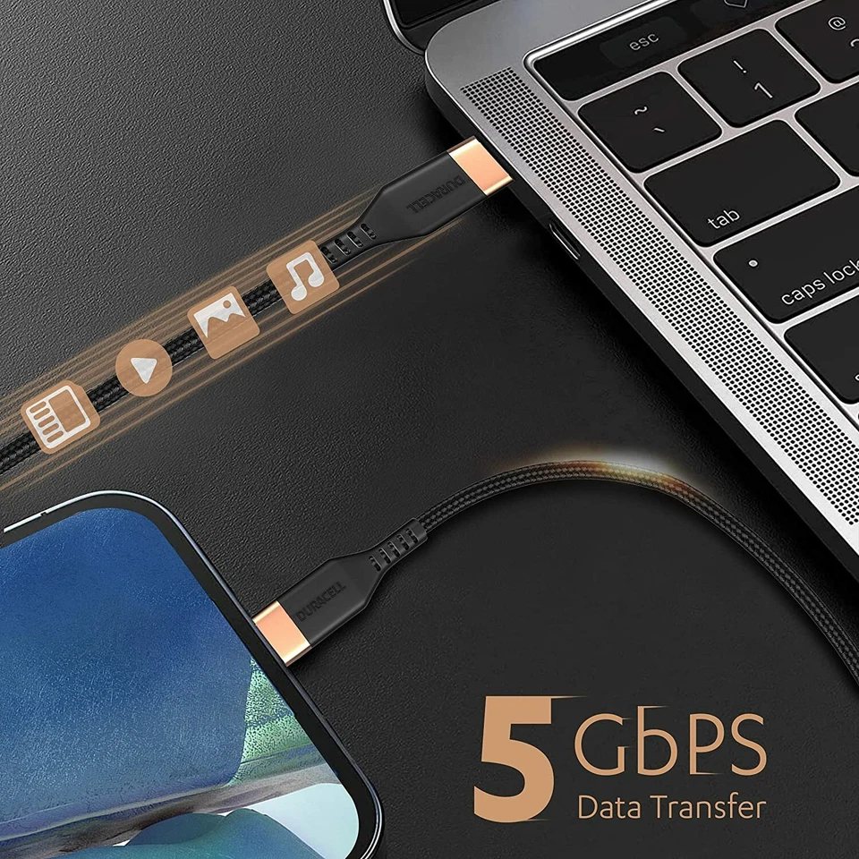 Cable de Carga DURACELL Tipo-C a Tipo-C 1.2M Trenzado 5A-100W y Sincronización hasta 5GB/seg Foto 4 de 4