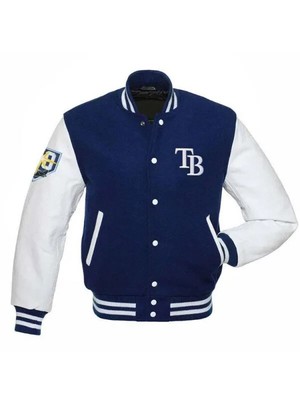 Tampa Bay Rays Blue and White Varsity Jacket with Leather Sleeves