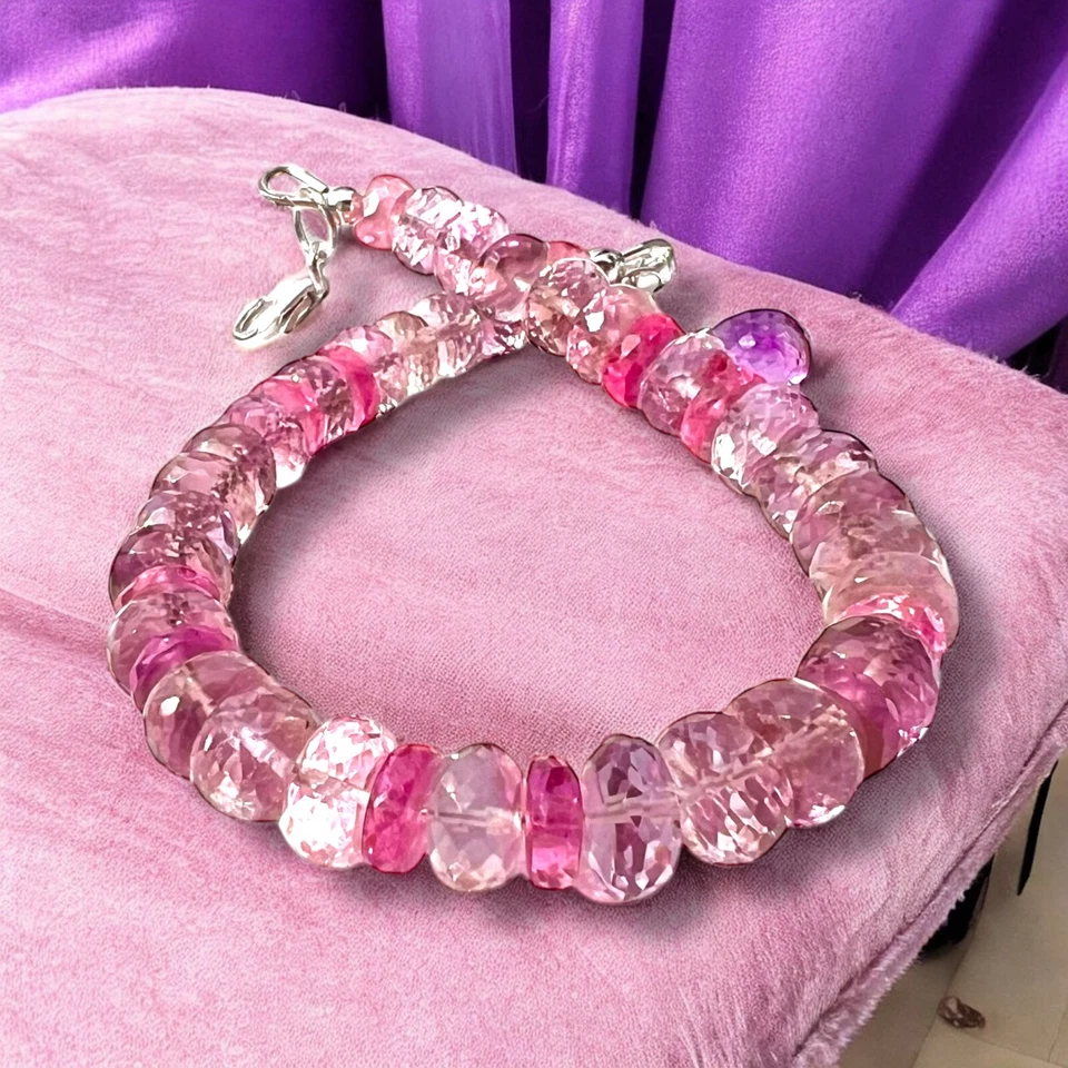 Impresionante Brazalete de Oro Blanco Sólido 18k Amatista Natural y Zafiro Rosa, 7.5" Foto 3 de 4