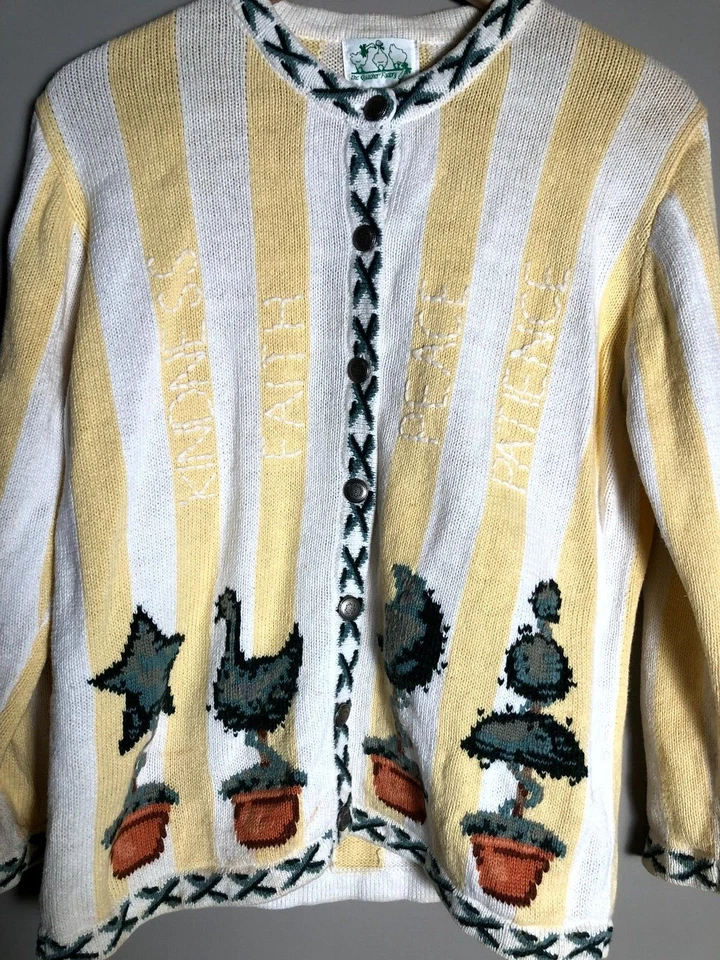 Cárdigan Suéter The Quacker Factory Amarillo Blanco Rayas Topiario Palabras M *MANCHA Foto 3 de 4