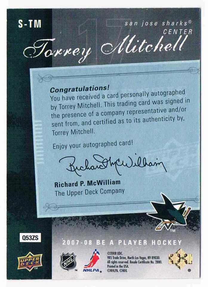 2007-08 BE A PLAYER SIGNATURES TORREY MITCHELL AUTO SAN JOSE SHARKS #S-TM - Image 2 of 2