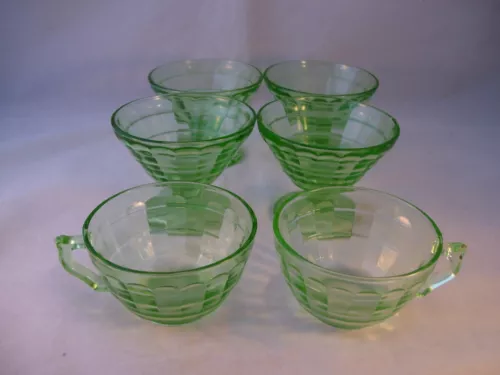 Vtg Hocking Depression Glass Vaseline Green 6 pc Block Optic 4 Sherbet 2 Teacups
