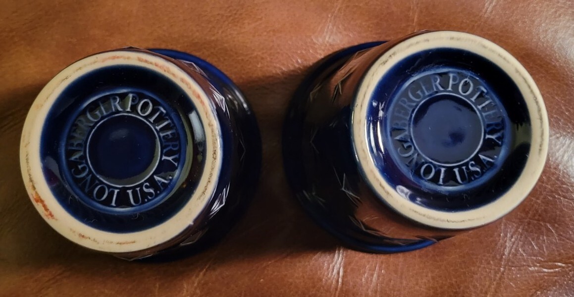 PAIR OF LONGABERGER POTTERY PROUDLY AMERICAN NAVY BLUE CANDLE HOLDERS VOTIVES