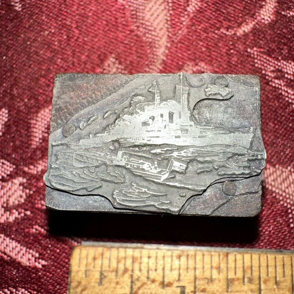 Printing Block “ Large Ship & Smaller Ship “ Airplane in Distance. Nice Image! - Image 2 of 4