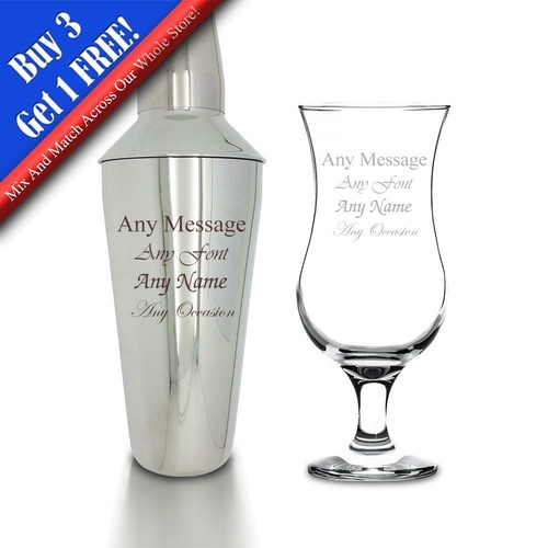 Personalised Engraved Cocktail Shaker with Strainer and Pina Colada Glass, eBay
