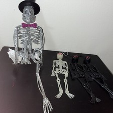 Halloween Skeleton Lot: Hanging Rubber And Sitting Metal Glitter Props