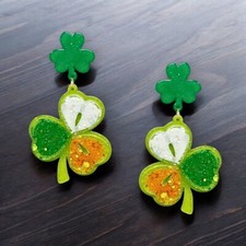 St. Patrick's Day Irish Flag Clover Glitter Acrylic Dangling Earrings