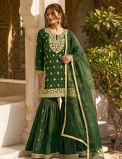 Women's Dark Green Readymade GMY Silk Sharara Suit Heavy Sequins Embroidery Work
