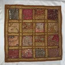 VTG Indian Throw Pillow Covers Beaded Handmade Embroidered Kantha Boho Brown