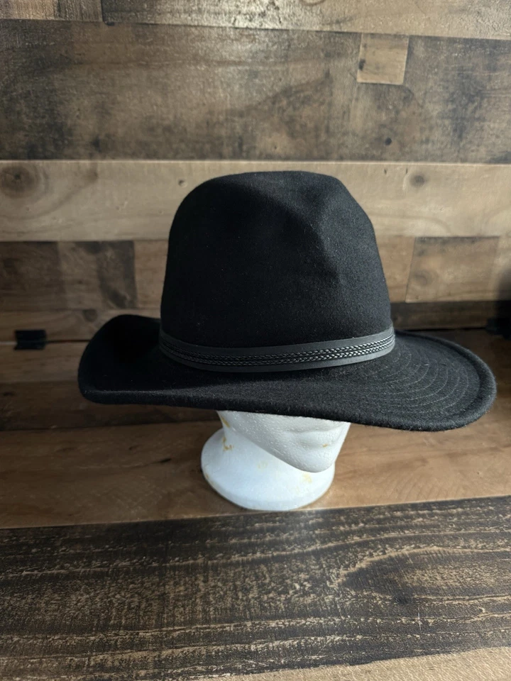 Abas de ouvido Tilley Endurables Montana Fedora tamanho 7 preto pulseira de couro lã - Imagem 3 de 4