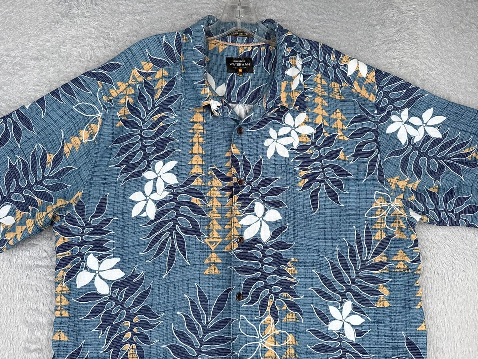 Camisa Quiksilver Waterman Hombre Grande Azul DELGADA Floral Hawaiana Abotonada LEER Foto 4 de 4