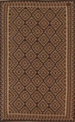 Brown Geometric Pattern Kilim Oriental Area Rug 7x10 ft Flat-weave Carpet