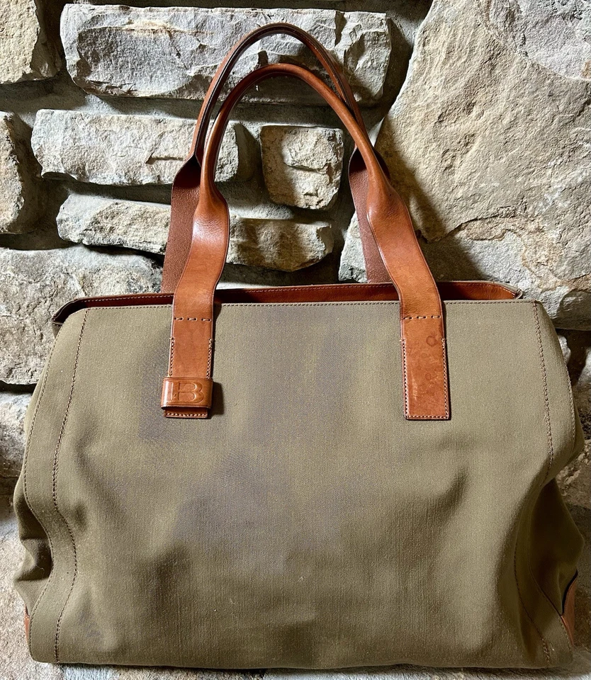 Vintage Dooney & Bourke Army Green Canvas XL Tote, Leather Handles, Excellent - Image 2 of 4