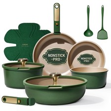 CAROTE Green&Gold Nonstick Cookware Set,15Pcs Pots and Pans Set 15pcs, Green