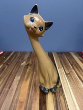 Vintage Long Neck Siamese Cat Figurine Brown Black Blue Eyes