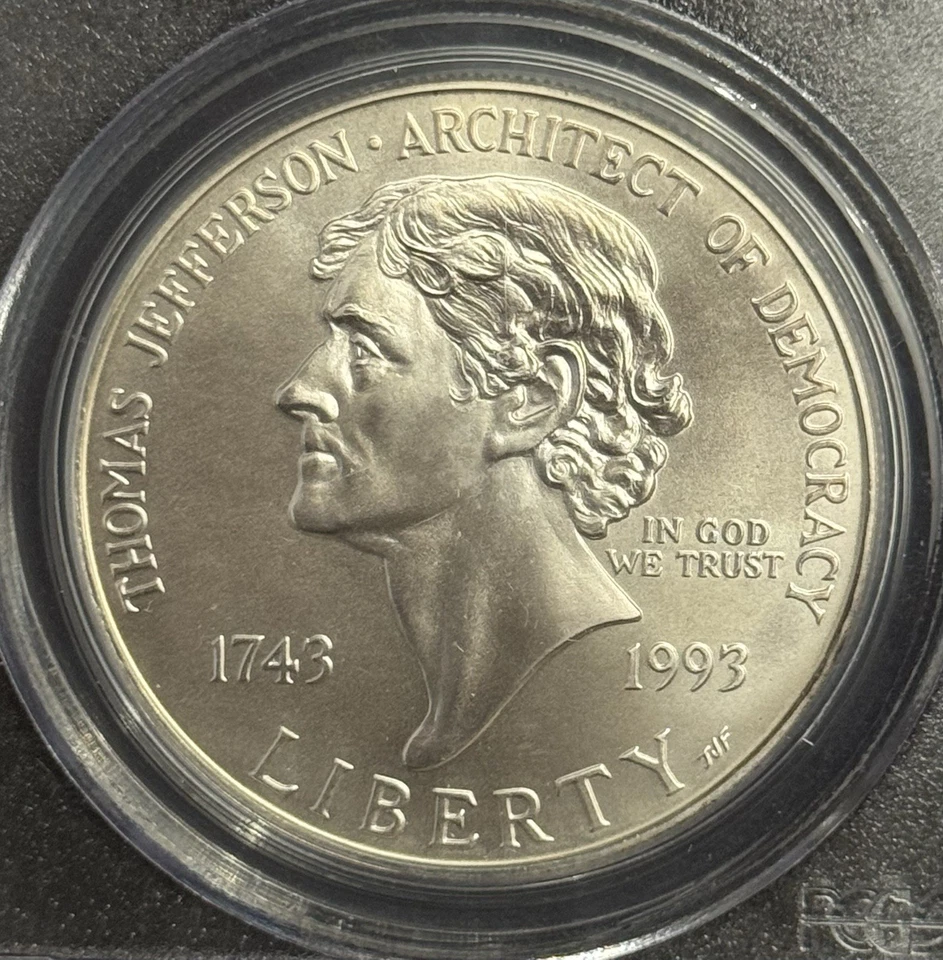 1993 Thomas Jefferson Commemorative Silver UNC Dollar PCGS MS70 - Image 2 of 4