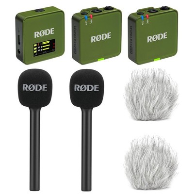 Rode Wireless GO Gen 3 Moss Khaki mit 2x Interview GO und 2x WSBW Windschutz