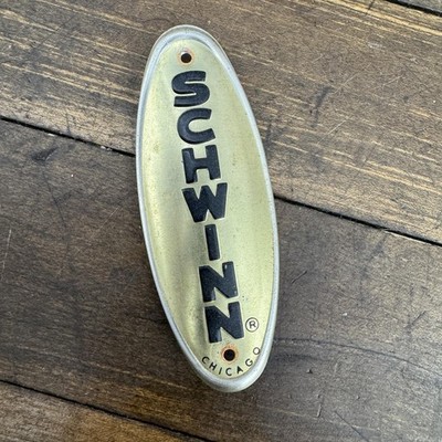 Vintage Schwinn Bicycle Head Badge Chicago Gold Oval Plate Bike Emblem  Screws
